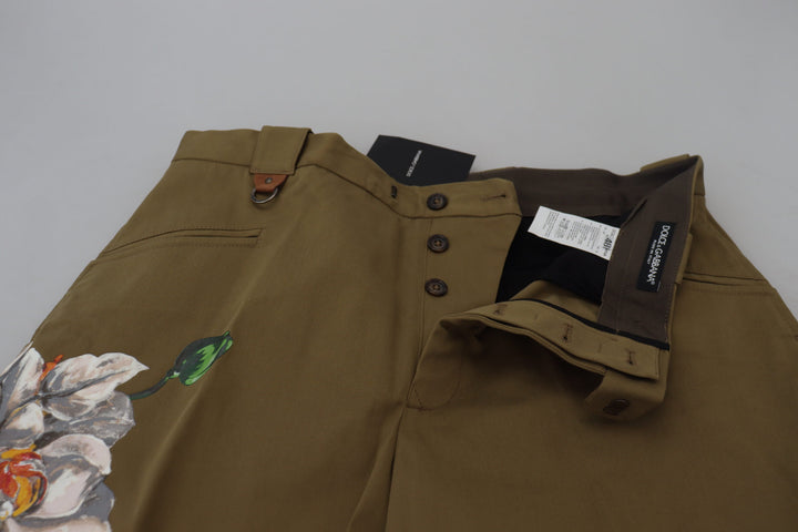 Beigefarbene Stretch-Chinohose aus Baumwolle mit Blumenmuster