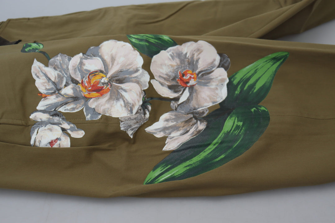 Beigefarbene Stretch-Chinohose aus Baumwolle mit Blumenmuster