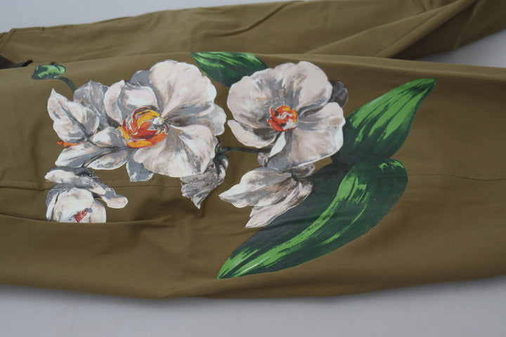 Beigefarbene Stretch-Chinohose aus Baumwolle mit Blumenmuster
