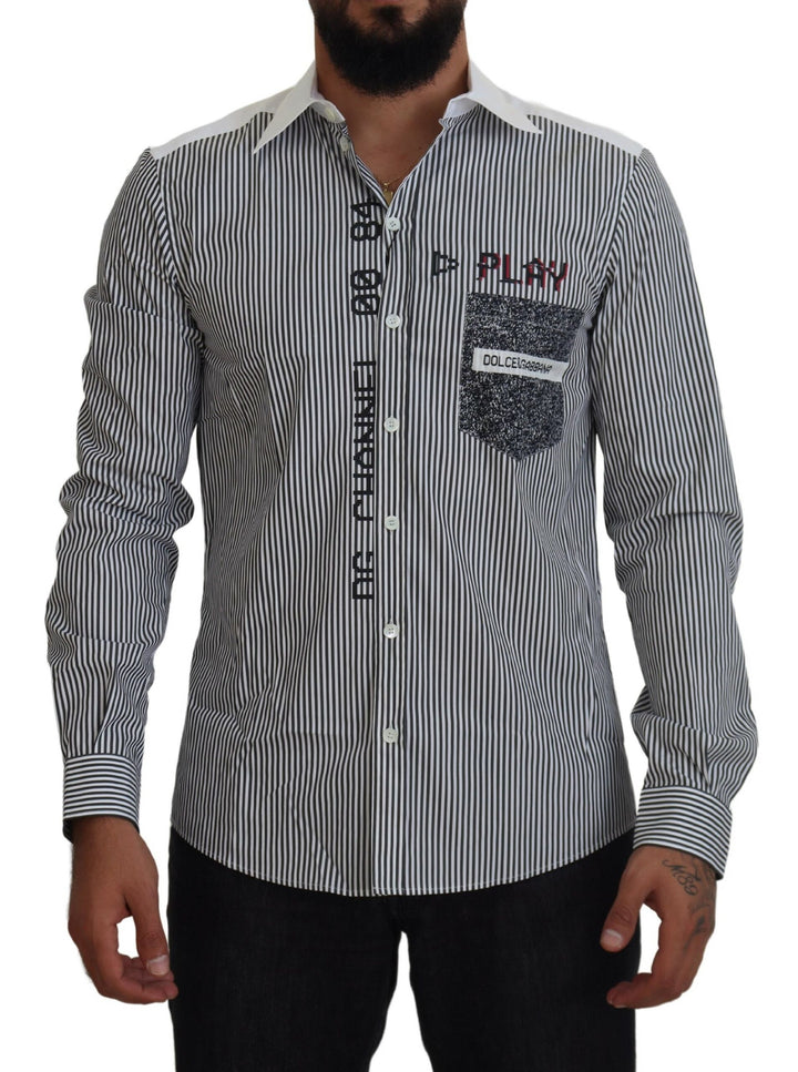Grau-weiß gestreiftes Slim Fit Hemd