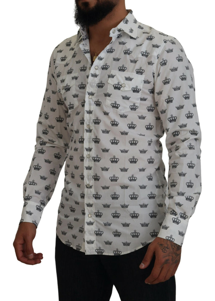 Weißes Crown Print Slim Fit Baumwollhemd