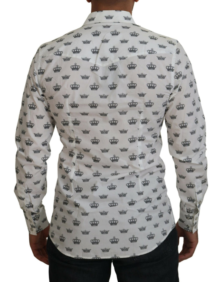 Weißes Crown Print Slim Fit Baumwollhemd