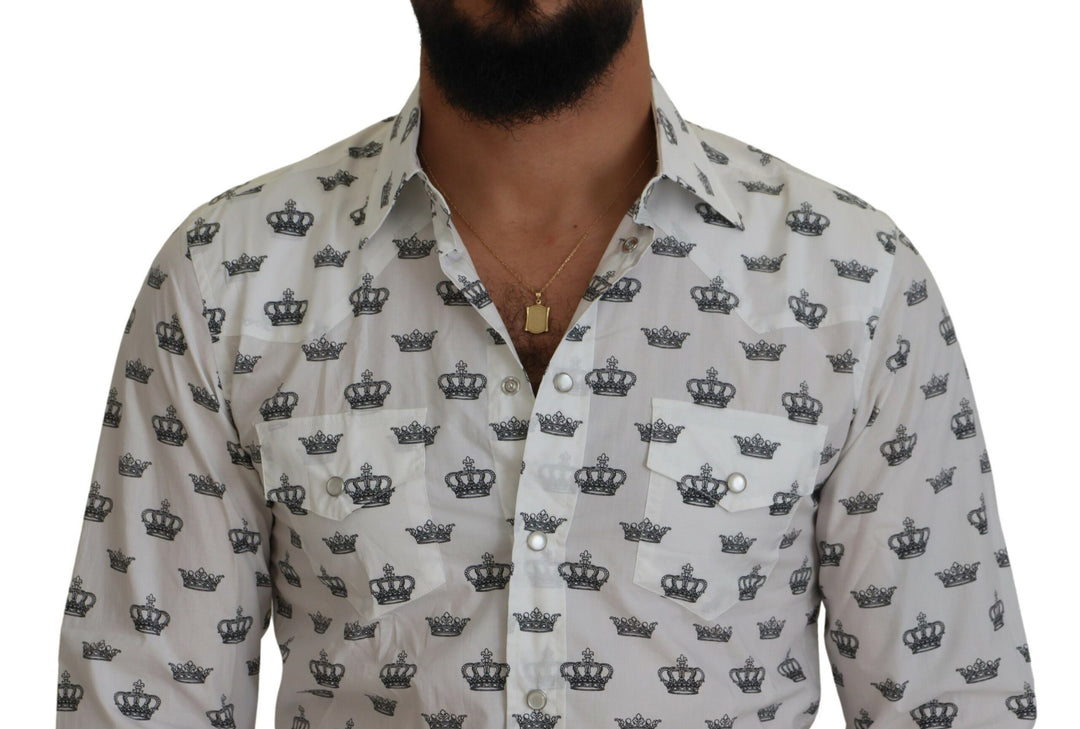 Weißes Crown Print Slim Fit Baumwollhemd