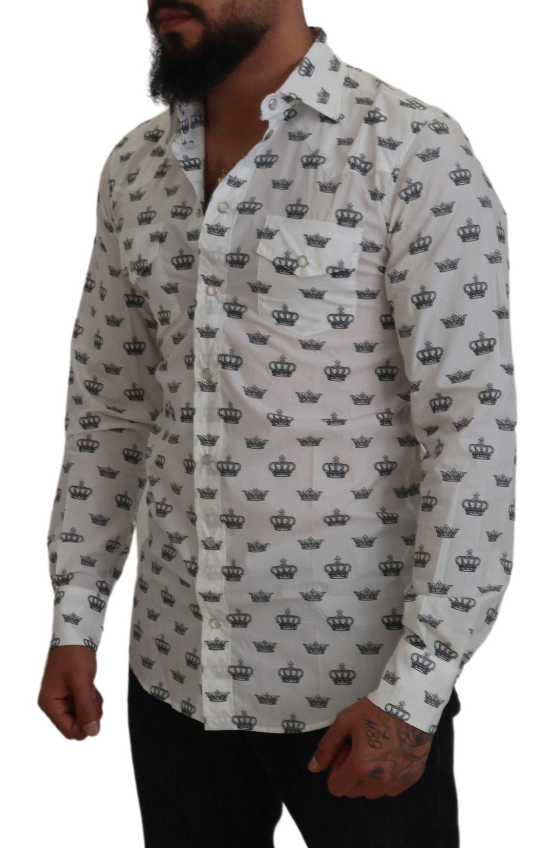 Weißes Crown Print Slim Fit Baumwollhemd