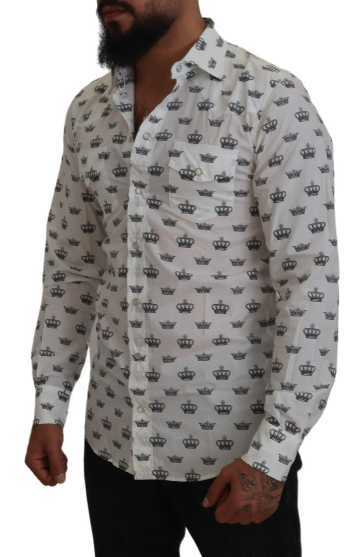 Weißes Crown Print Slim Fit Baumwollhemd