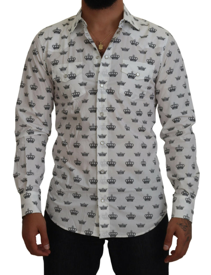 Weißes Crown Print Slim Fit Baumwollhemd