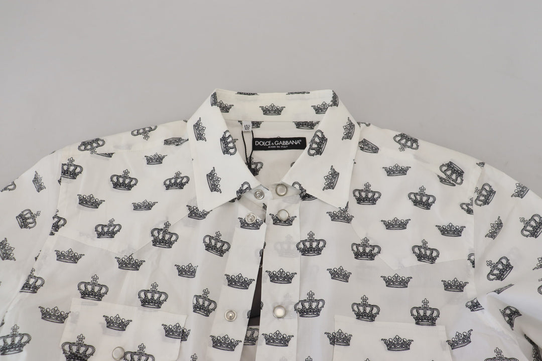 Weißes Crown Print Slim Fit Baumwollhemd