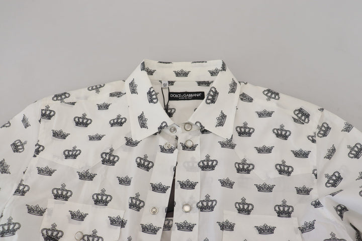Weißes Crown Print Slim Fit Baumwollhemd