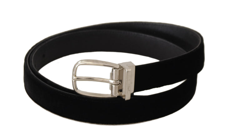 Elegant black velvet belt with logo buckle