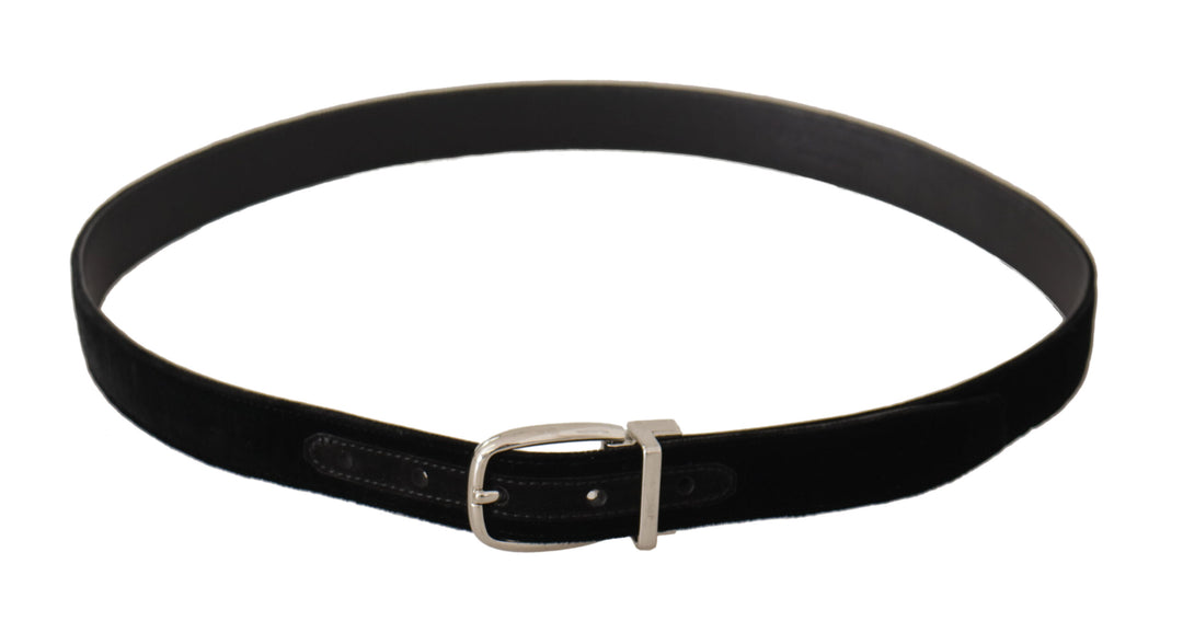 Elegant black velvet belt with logo buckle