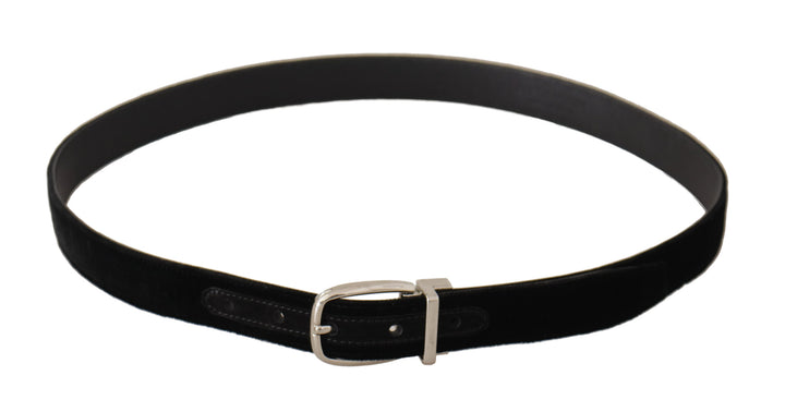 Elegant black velvet belt with logo buckle
