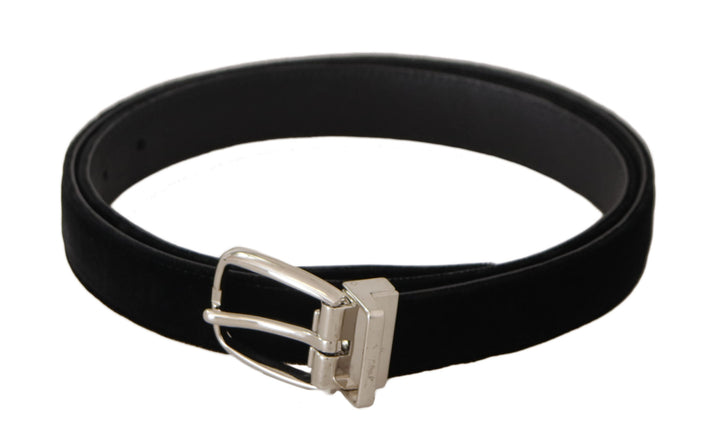 Elegant black velvet belt with logo buckle