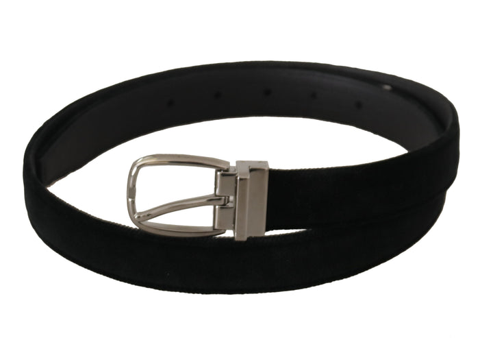 Elegant black velvet belt with engraved buckle
