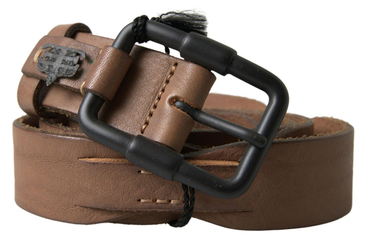 Elegant brown leather belt with black metal buckle