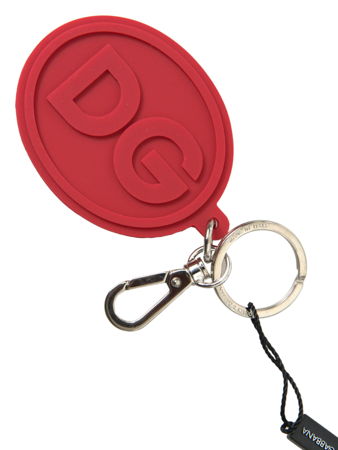 Chic red designer keychain made of rubber and brass