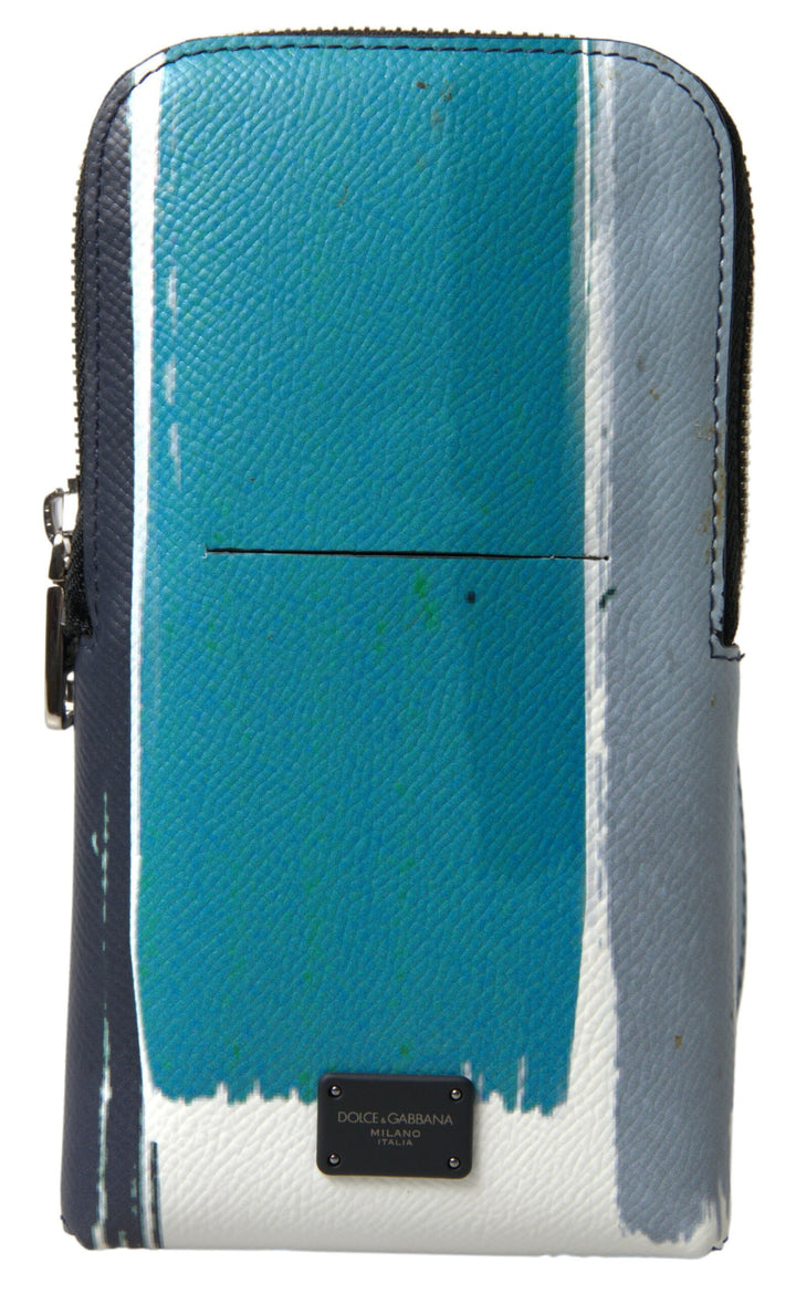 Dolce & Gabbana Elegante Leder-Crossbody-Telefontasche in Blau & Weiß