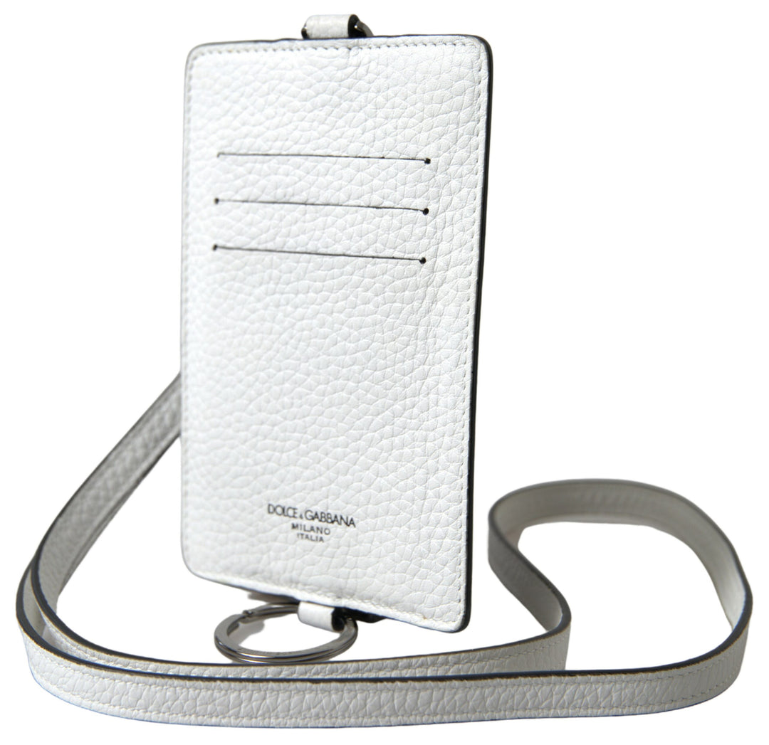 Elegant white leather card holder lanyard