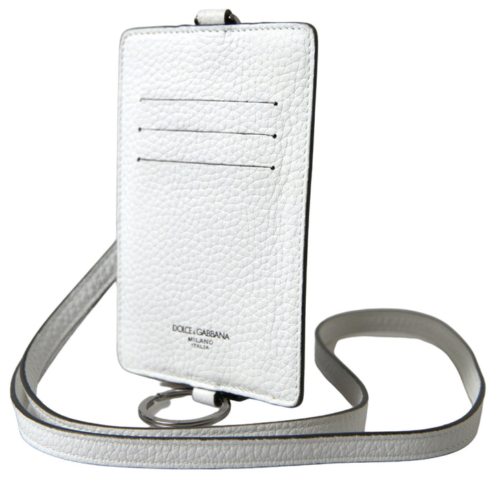 Elegant white leather card holder lanyard