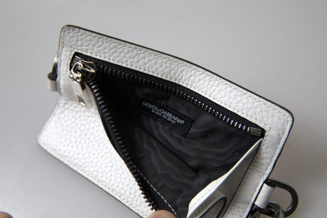 Elegant white leather card holder lanyard