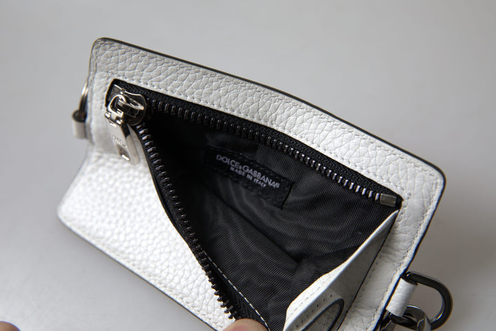 Elegant white leather card holder lanyard