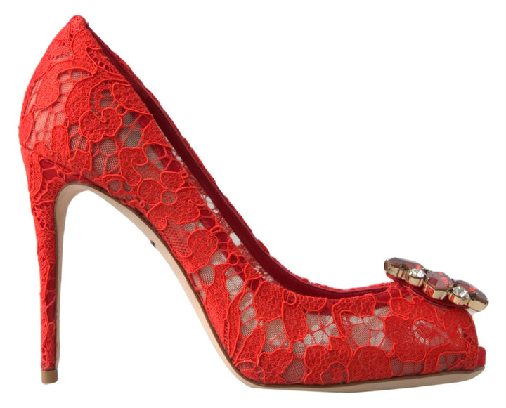 Chic red lace heels with crystal embellishment