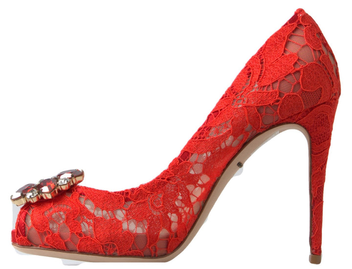 Chic red lace heels with crystal embellishment