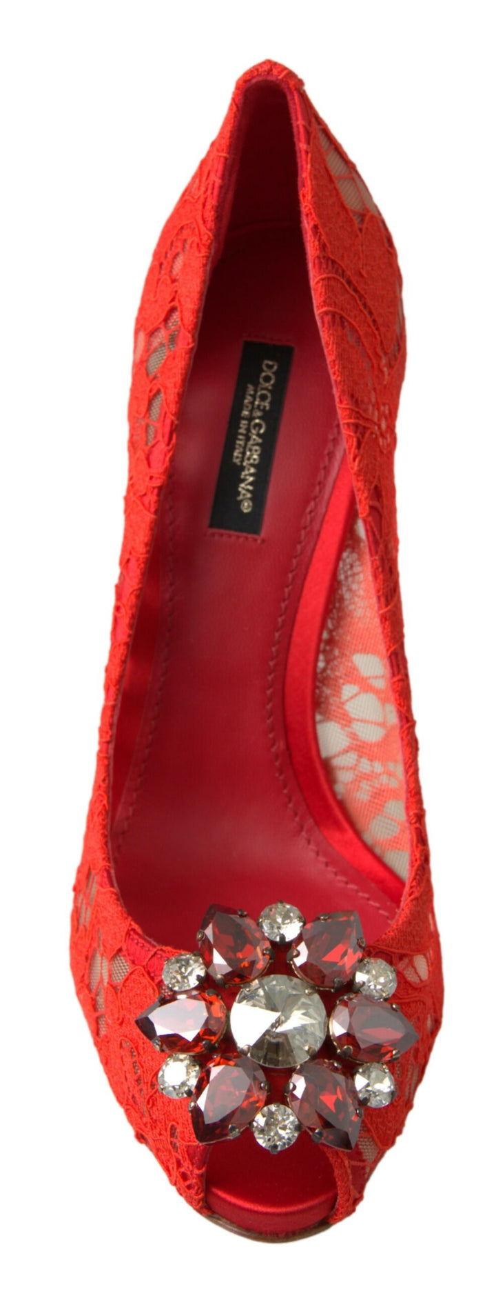 Chic red lace heels with crystal embellishment
