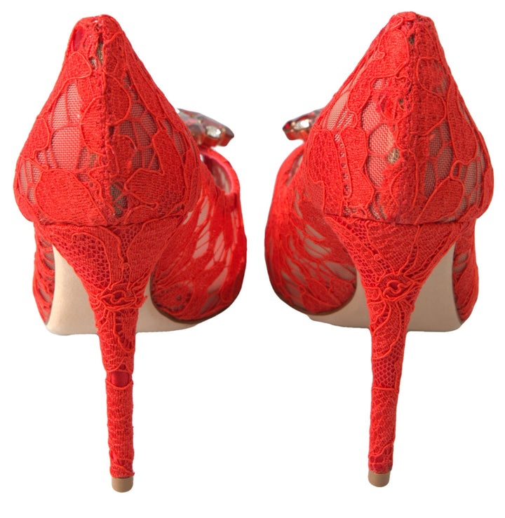 Chic red lace heels with crystal embellishment