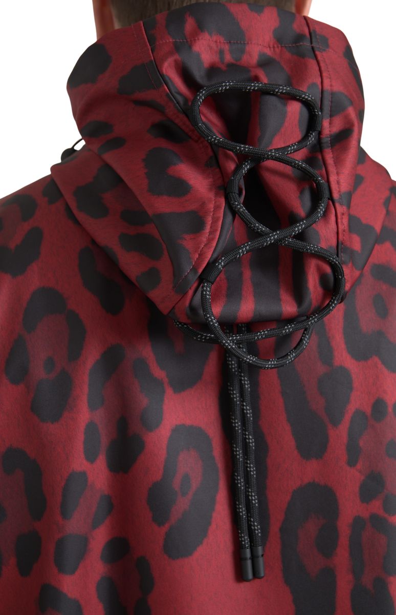 Bright red jacket with leopard print and hood