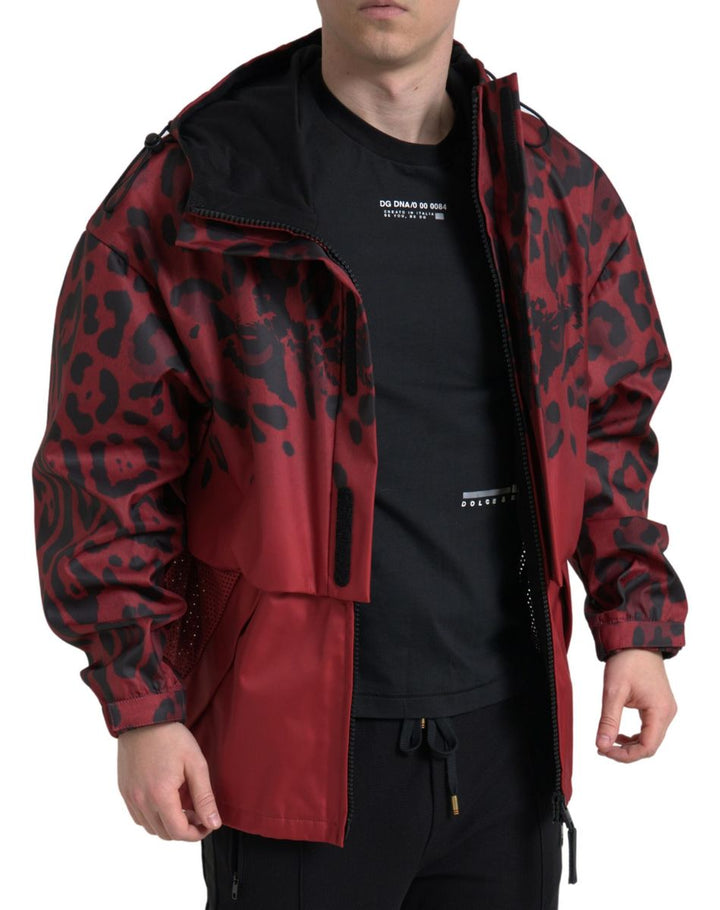 Bright red jacket with leopard print and hood