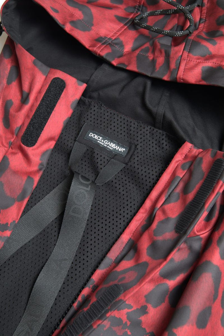 Bright red jacket with leopard print and hood