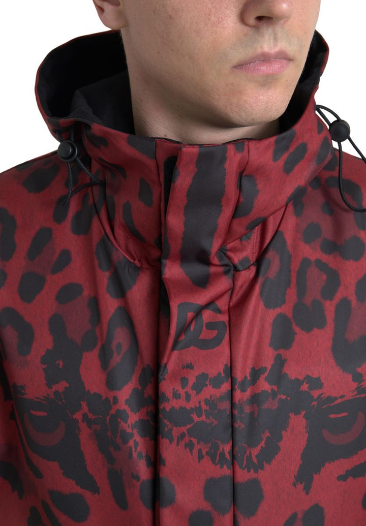 Bright red jacket with leopard print and hood
