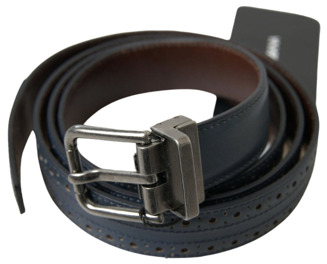 Elegant blue leather belt with metal buckle