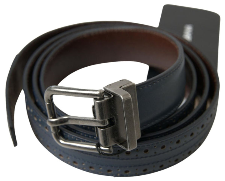 Elegant blue leather belt with metal buckle