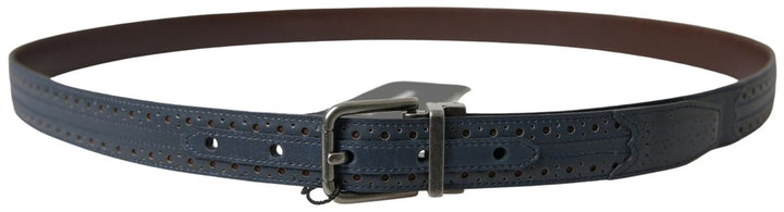 Elegant blue leather belt with metal buckle