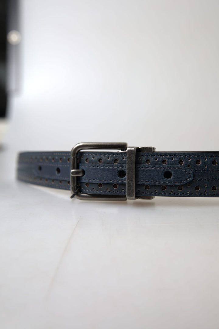 Elegant blue leather belt with metal buckle