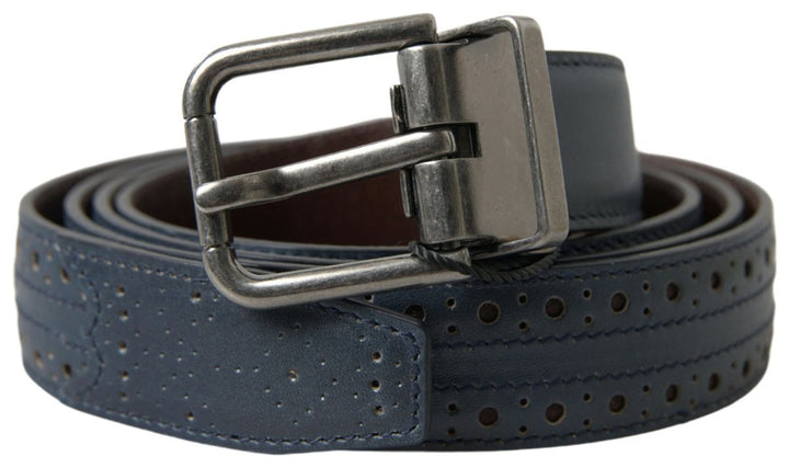 Elegant blue leather belt with metal buckle