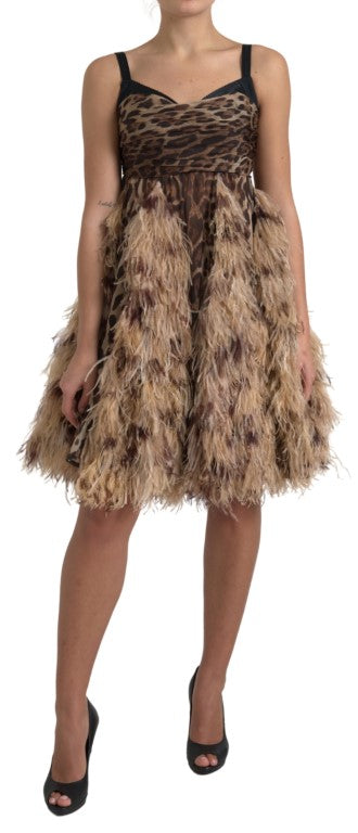Braunes Leopardenfeder-Chiffon-Kleid ohne Ärmel