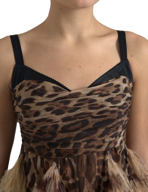 Braunes Leopardenfeder-Chiffon-Kleid ohne Ärmel