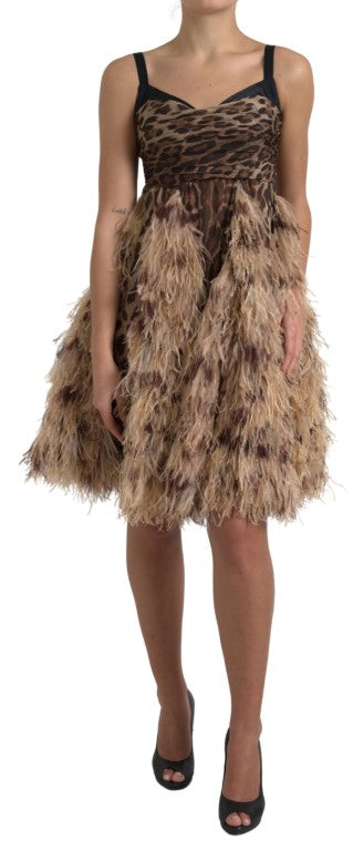 Braunes Leopardenfeder-Chiffon-Kleid ohne Ärmel