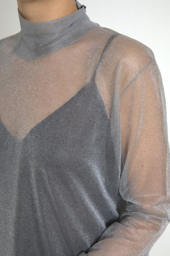 Elegant grey long-sleeved mesh top