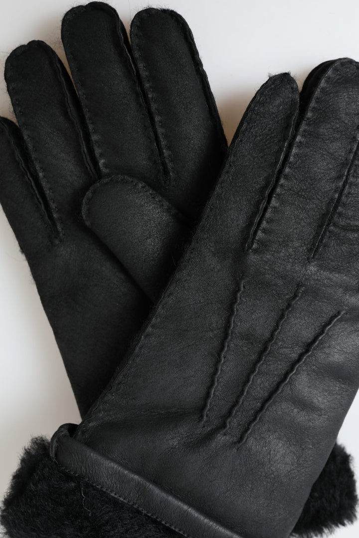Schwarzes Leder Fell Kurze Hände Fäustlinge Männer Handschuhe