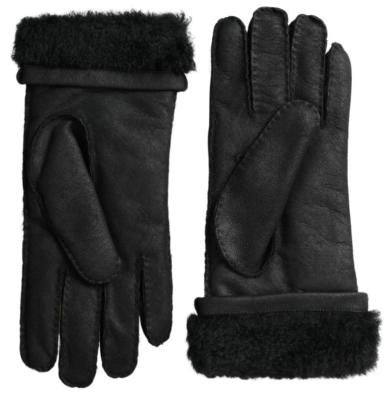 Schwarzes Leder Fell Kurze Hände Fäustlinge Männer Handschuhe