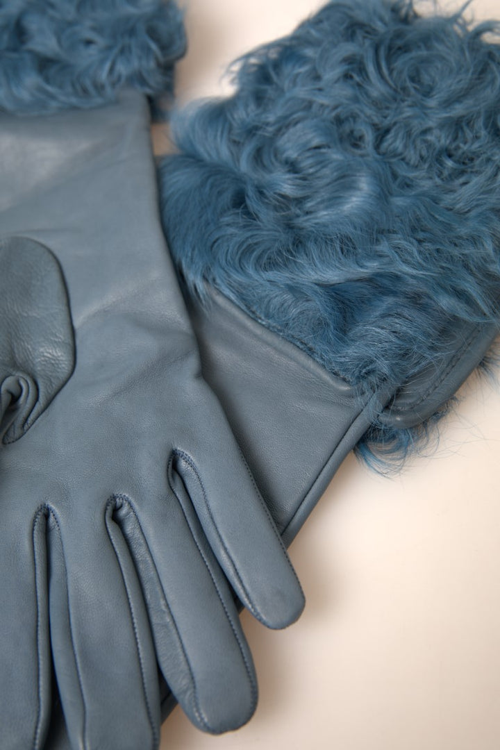 Elegant blue leather gloves with fur trim
