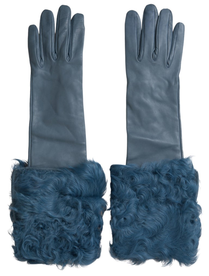 Elegant blue leather gloves with fur trim