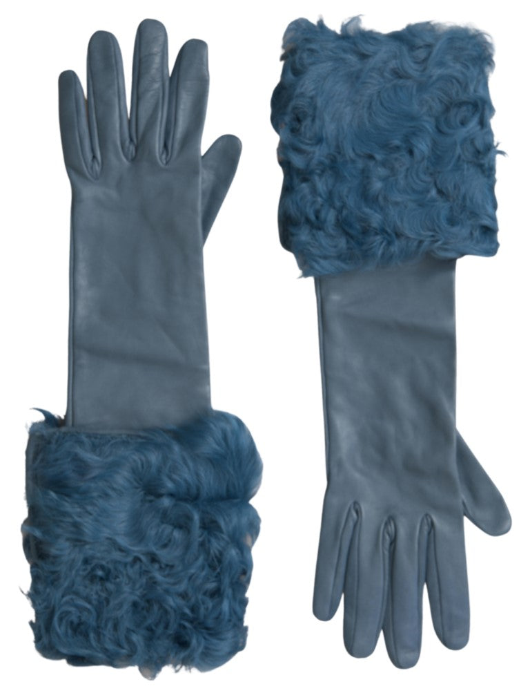 Elegant blue leather gloves with fur trim