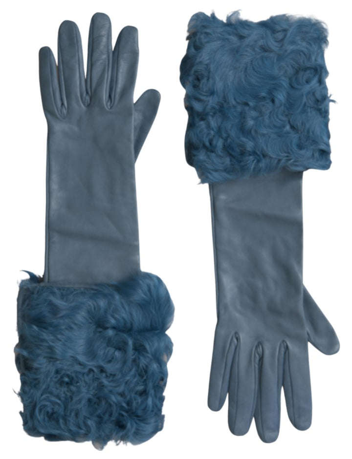 Elegant blue leather gloves with fur trim