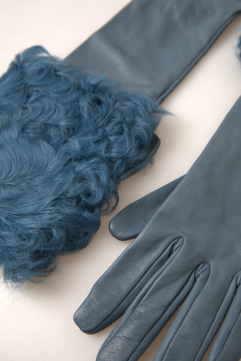 Elegant blue leather gloves with fur trim