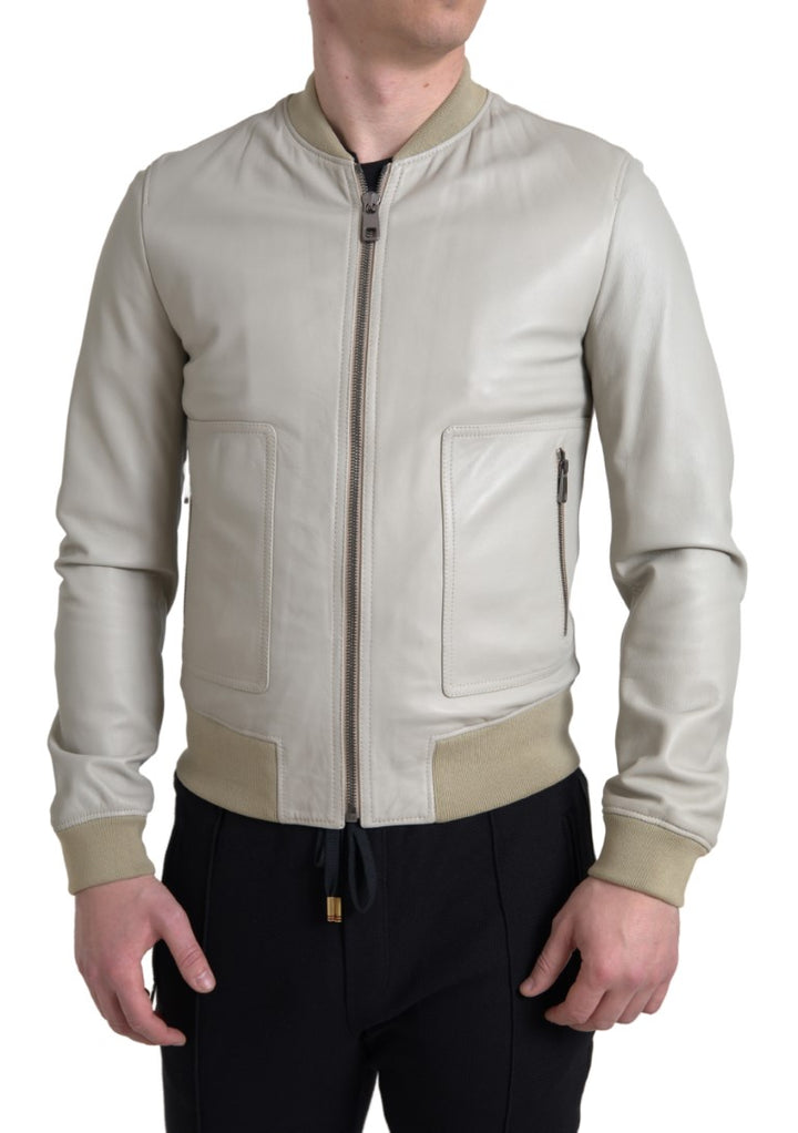 Cremefarbene Lederbomber-Blousonjacke mit durchgehendem Reißverschluss