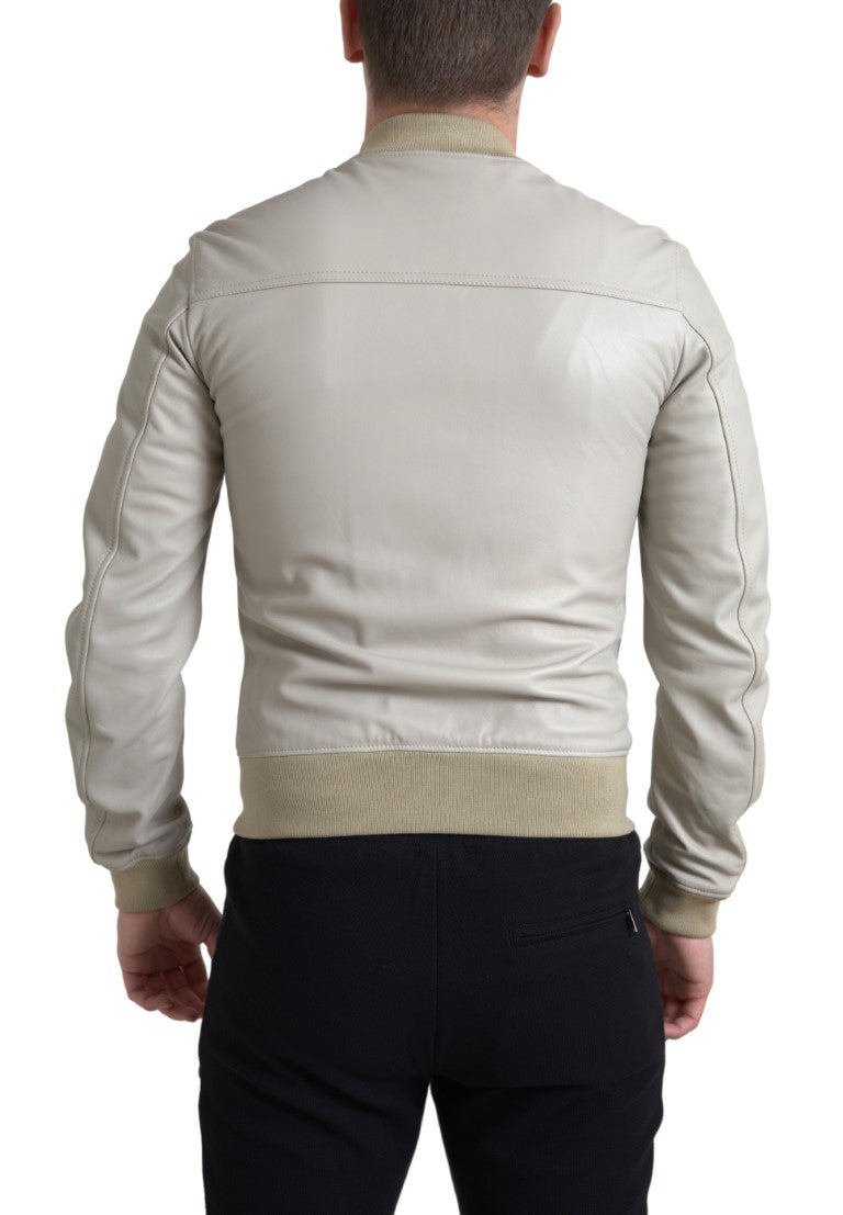 Cremefarbene Lederbomber-Blousonjacke mit durchgehendem Reißverschluss